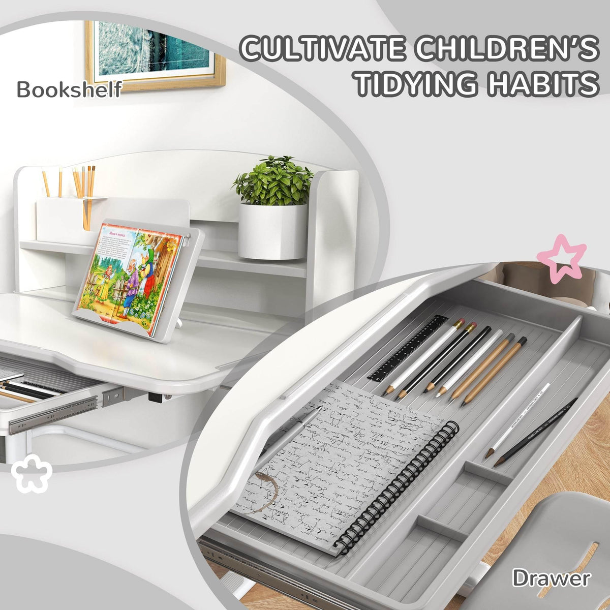 Kids desk with bookshelf, open drawer storage, and pencil organizer tray
