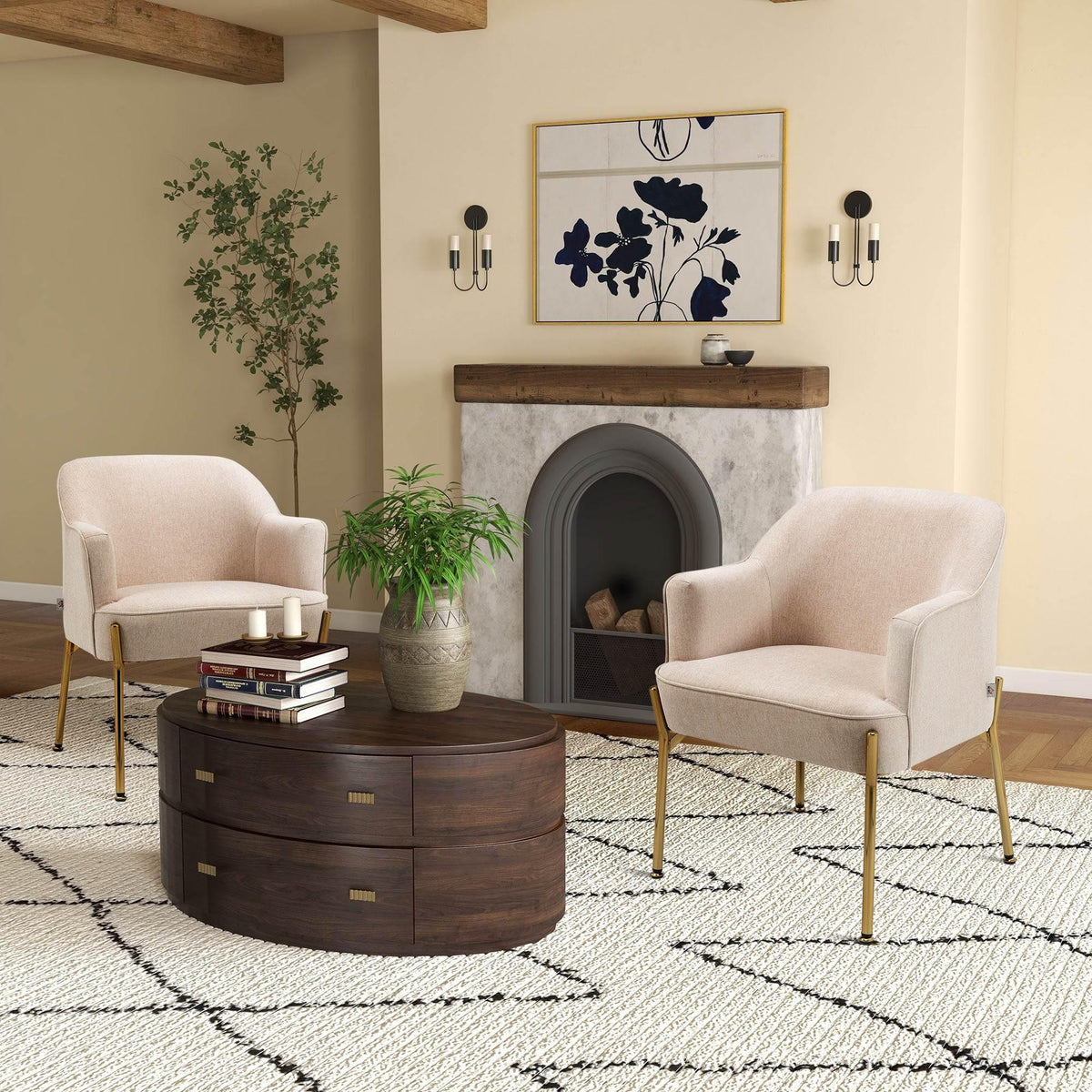 Pair of cream armchairs with gold legs and padded seats
