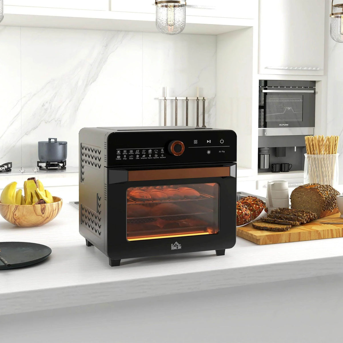 Black countertop air fryer oven with glass-front door and control panel