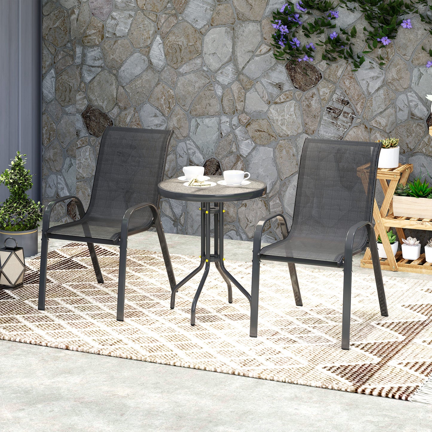 Outsunny Outdoor Garden Set With Round Table And Stackable Chairs In Black Powder Coated Steel