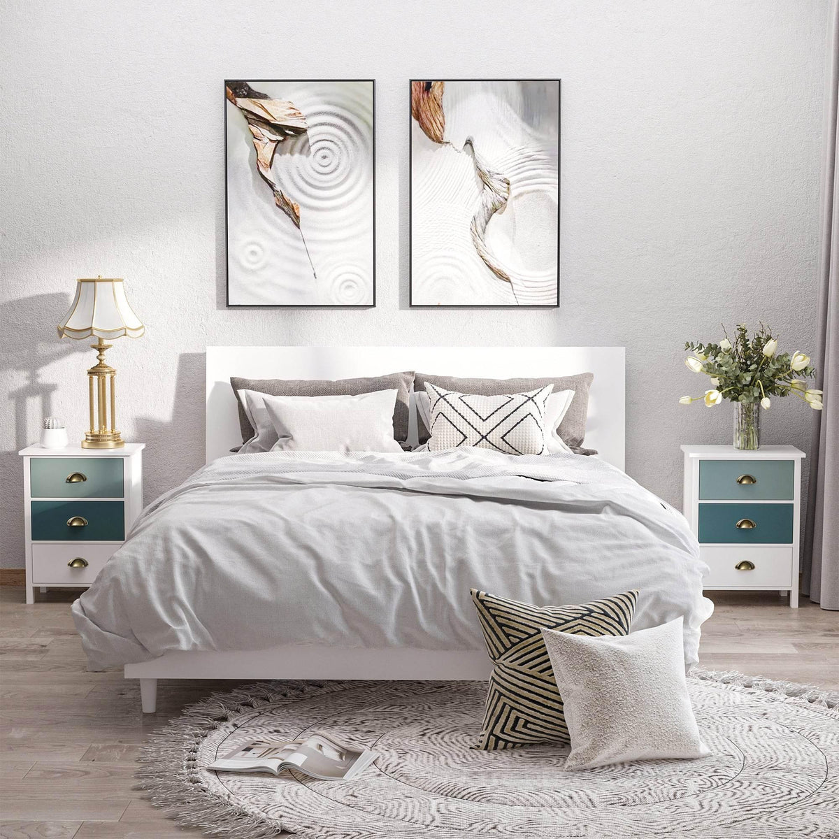 Pair bedside nightstands with 3 drawers, white frame, blue fronts, brass handles