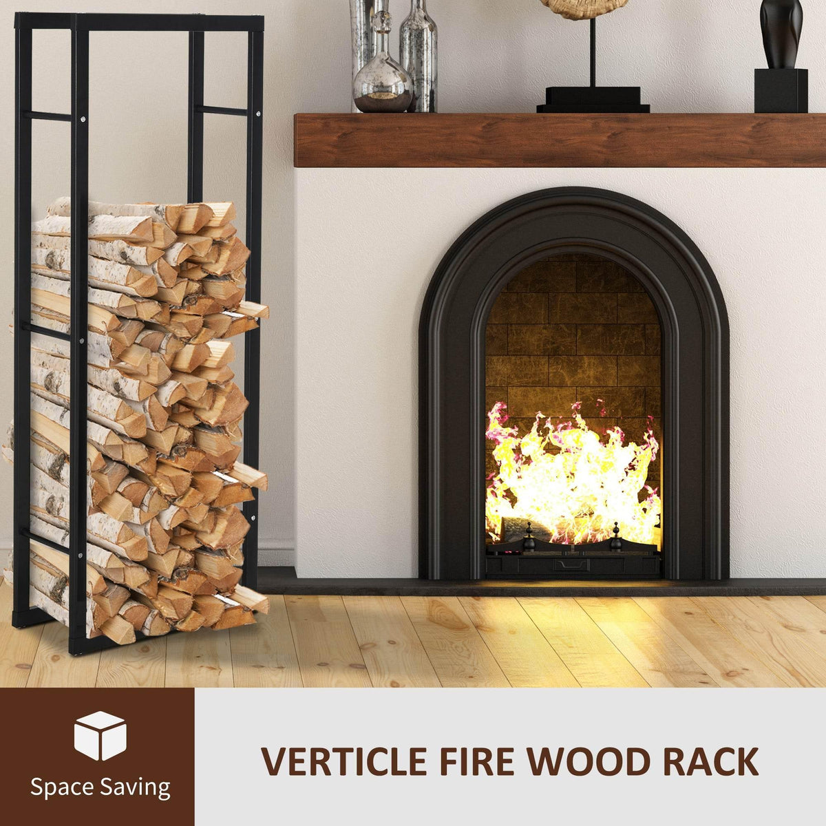 Black metal log storage rack holding stacked firewood beside a fireplace