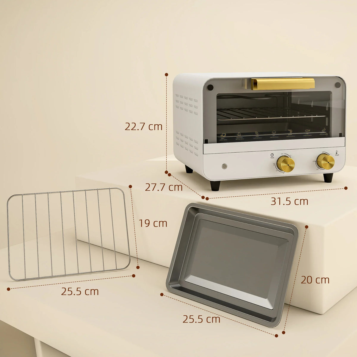 White countertop toaster oven with glass door open and interior access view