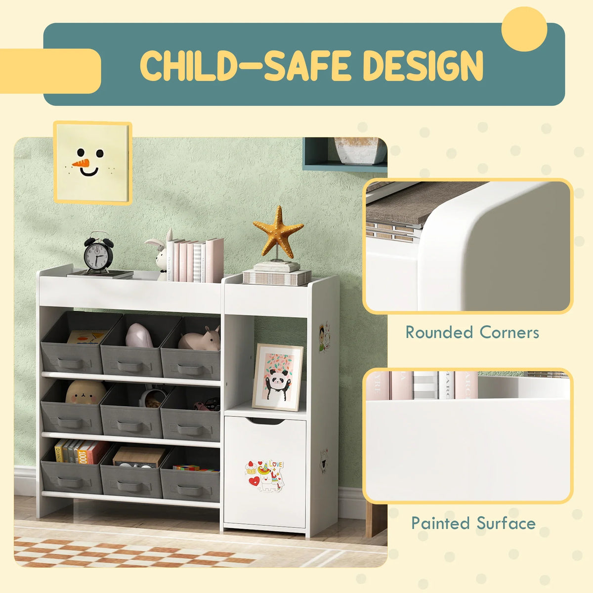 White kids toy storage organizer cabinet with rounded corners, painted surface, labeled bins