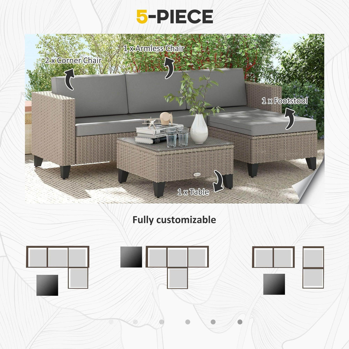 5-piece rattan outdoor corner sofa with grey seat cushions, footstools, and coffee table
