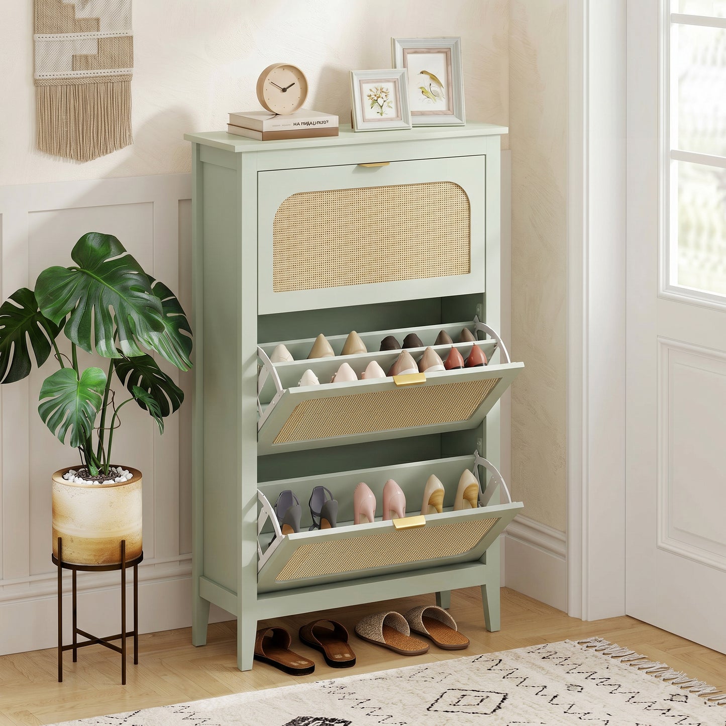HOMCOM Narrow Boho Shoe Cabinet With Three Flip Drawers Holds 21 Pairs Light Green Entryway Storage