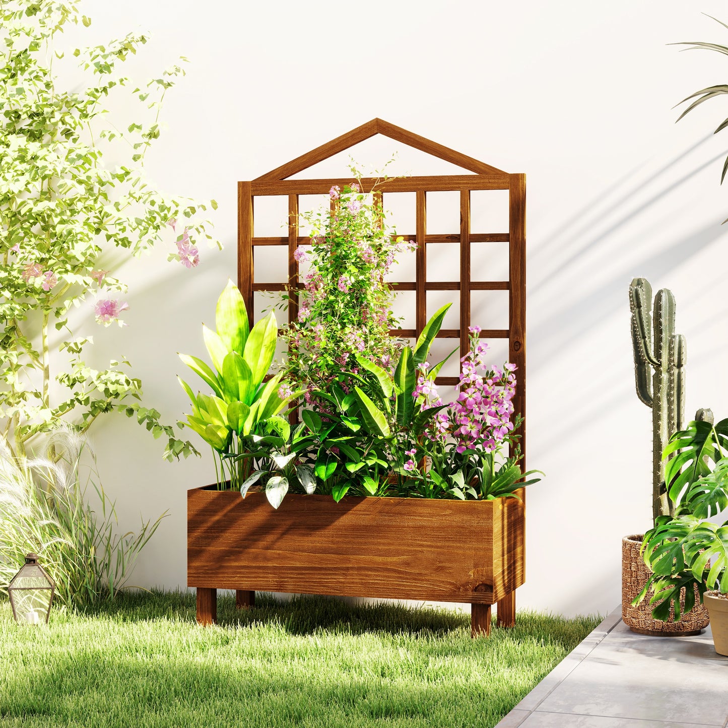 Outsunny Garden Planter With Trellis For Vines Distressed Wooden Raised Bed 90x43x150cm Brown Outdoor