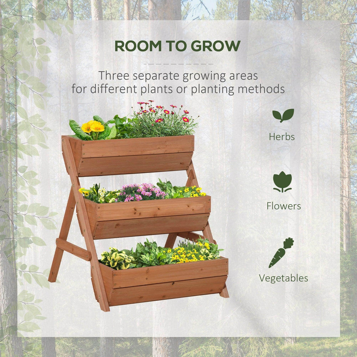 Three-level wooden planter box for herbs, flowers, and vegetables with open growing beds
