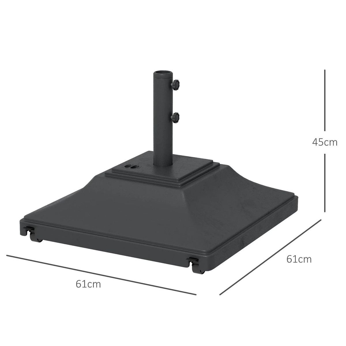 Black square umbrella base with center pole, four caster wheels, and two locking stops.