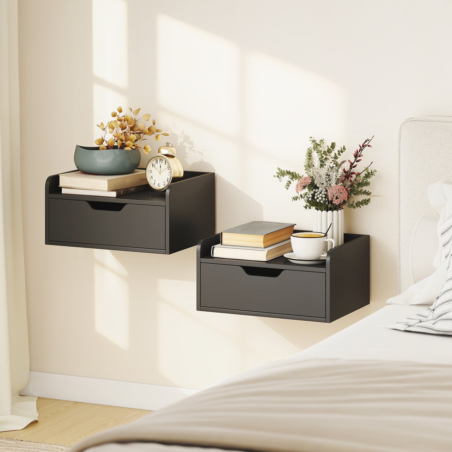 HOMCOM Floating Nightstands Set of 2 Wall Mounted Bedside Tables With Drawers in Black