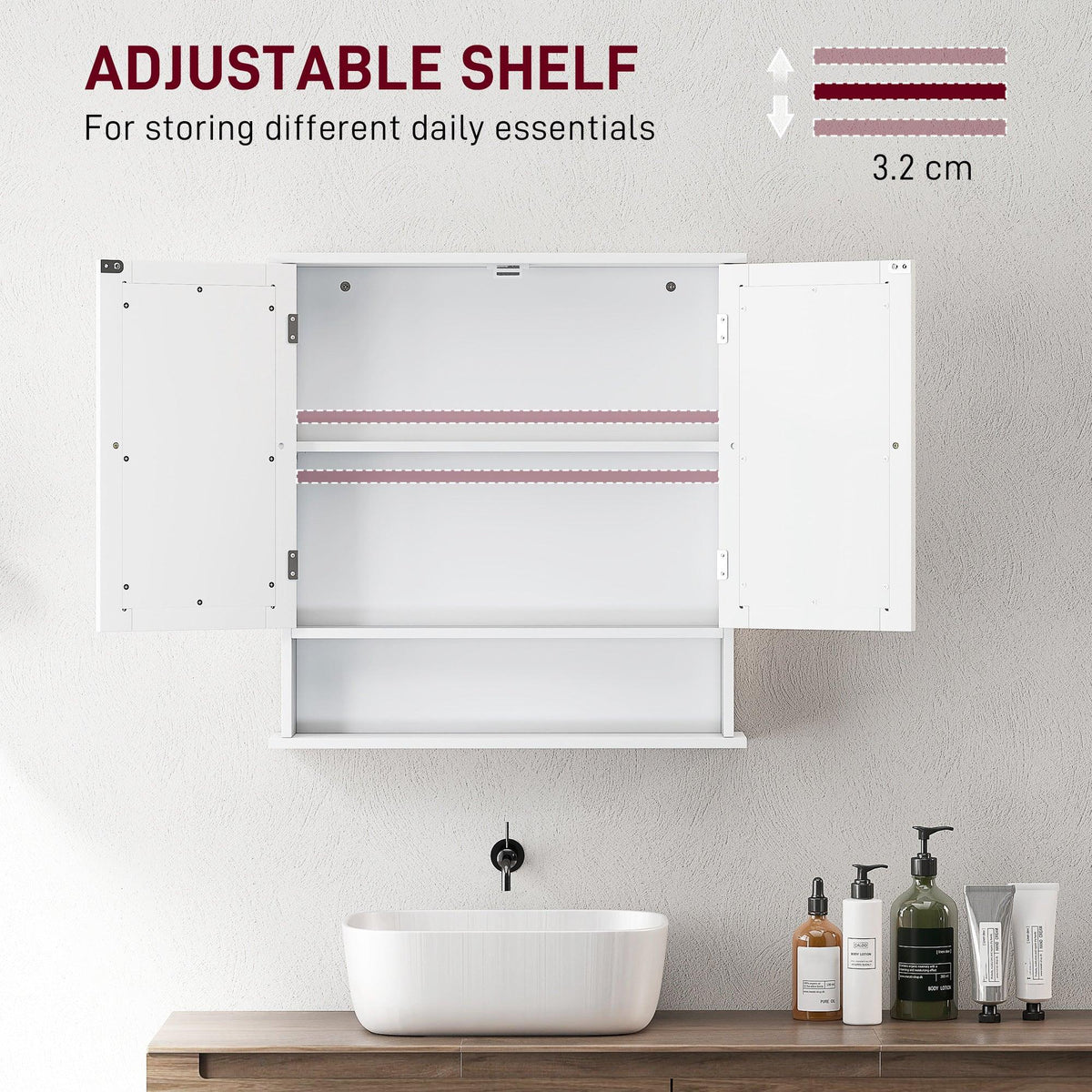 Wall-mounted white bathroom cabinet with adjustable shelf and mirrored swing doors