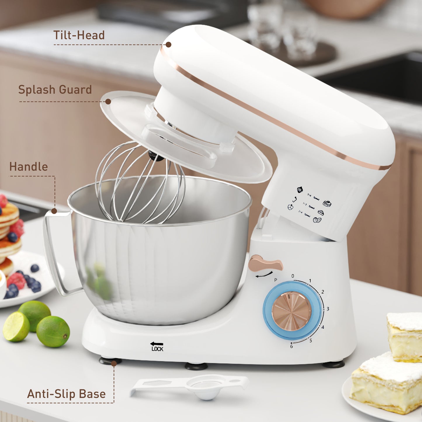 HOMCOM 1300W Stand Mixer With Accessories White 4.5L Stainless Steel Bowl Whisk Dough Hook Beater