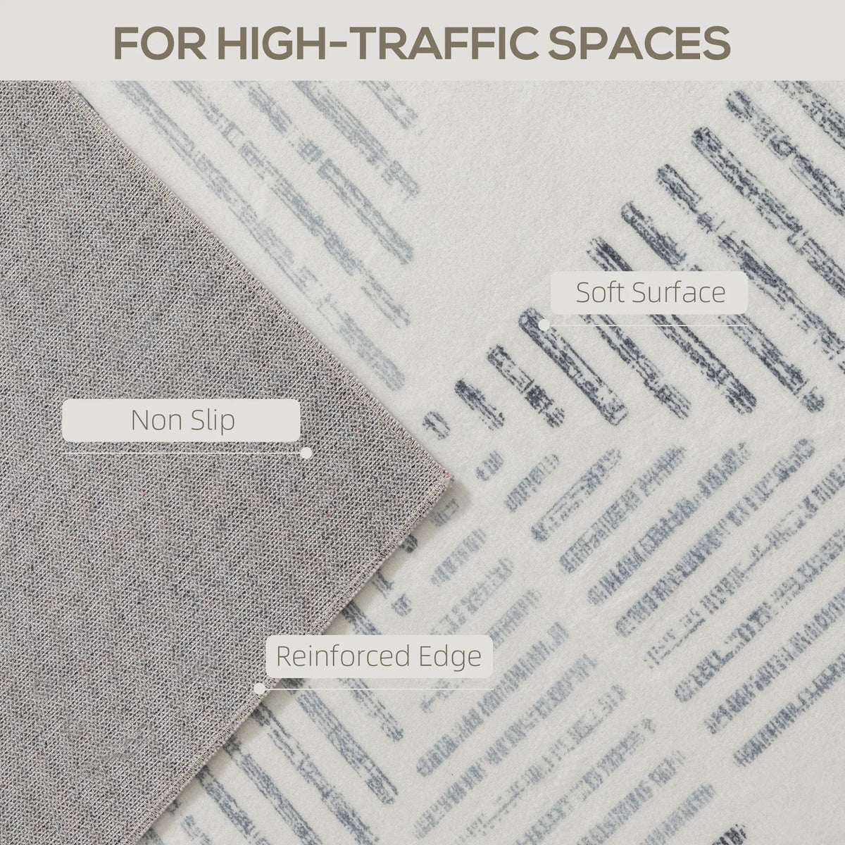 Grey and white geometric area rug with non-slip backing and reinforced edge