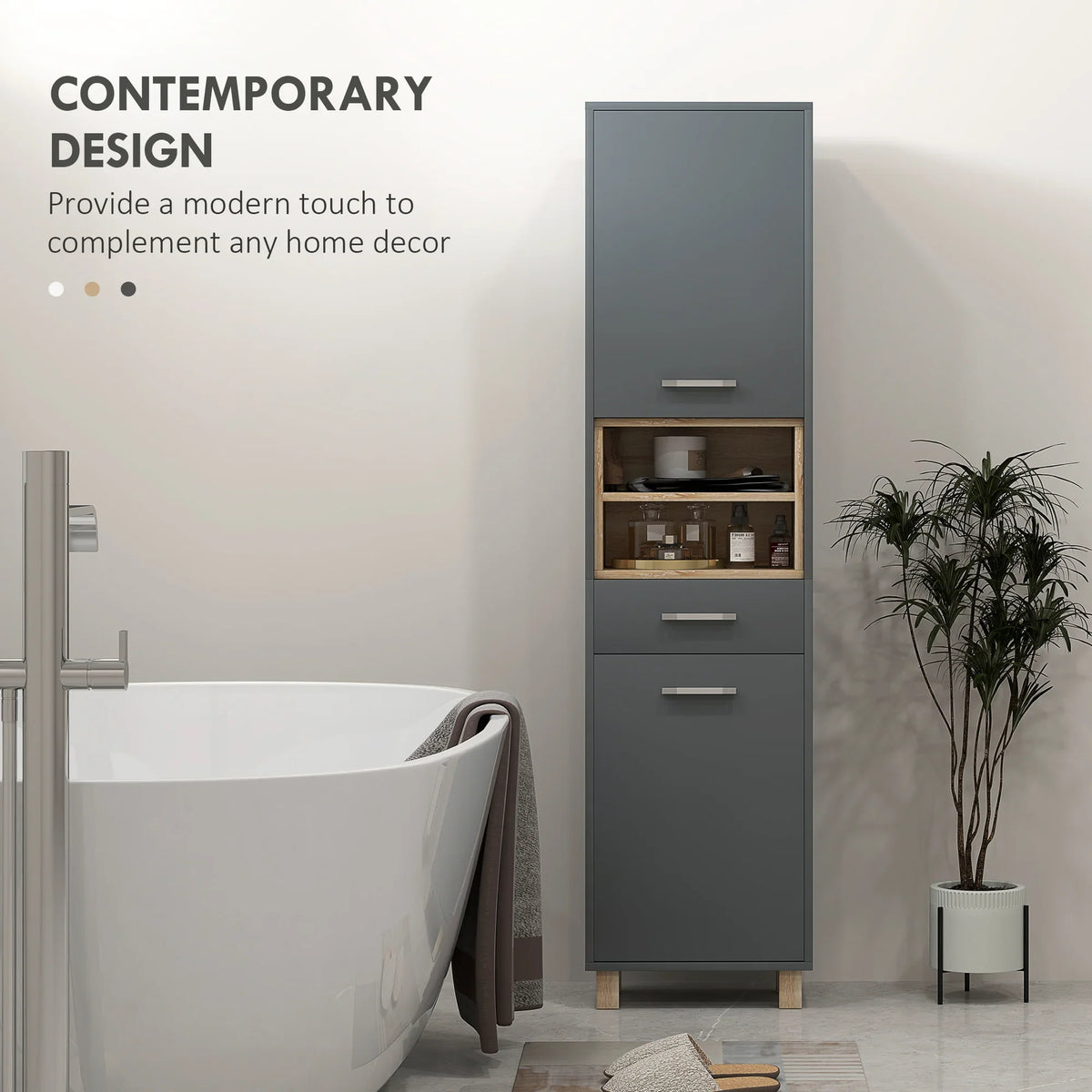 Tall matte grey cabinet with two drawers and a single open shelf compartment