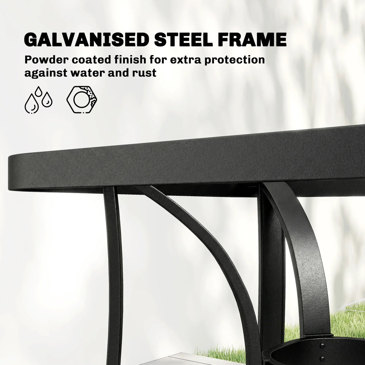 Powder-coated dark steel table frame support with curved braces