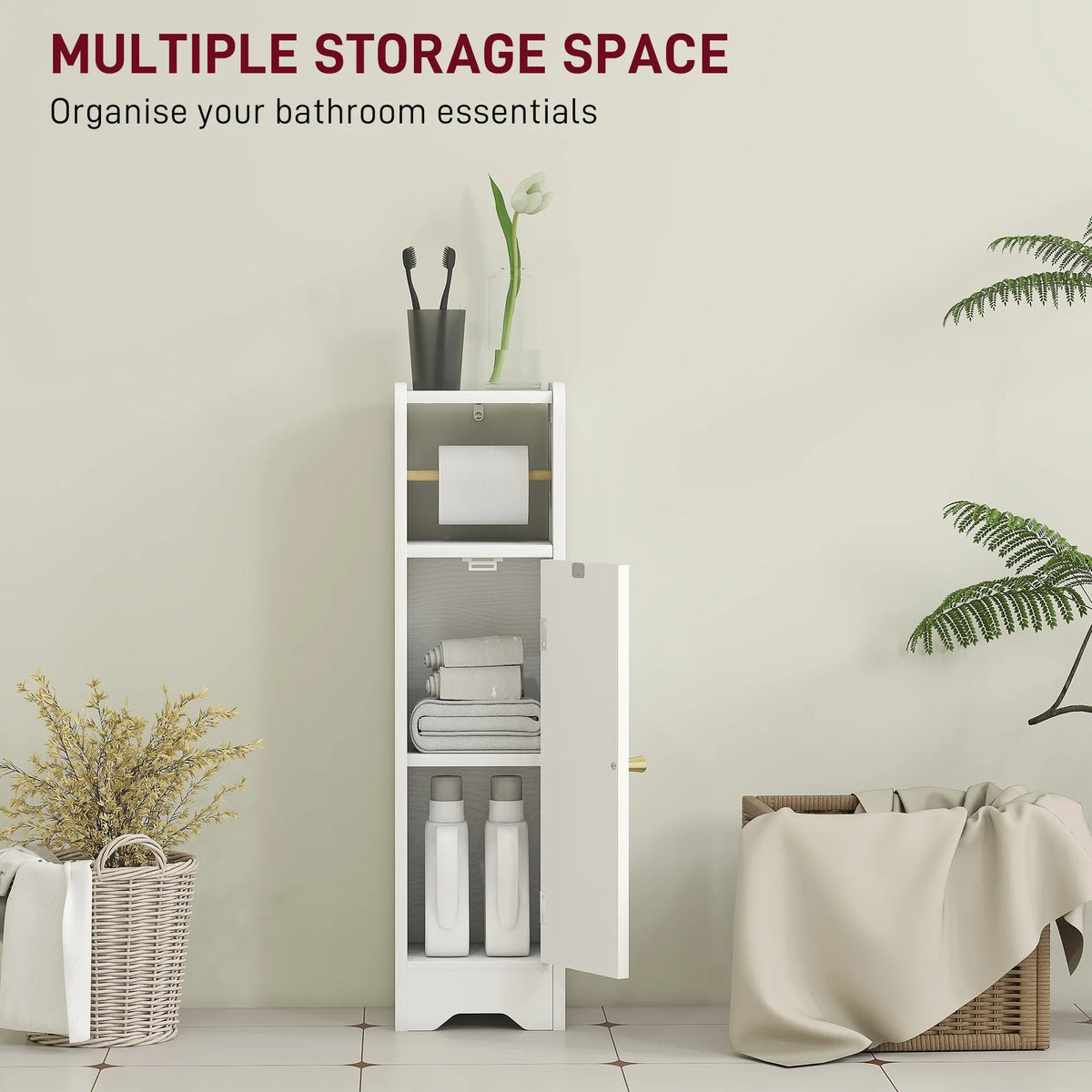 White freestanding bathroom cabinet with door open, toilet roll storage and interior shelves