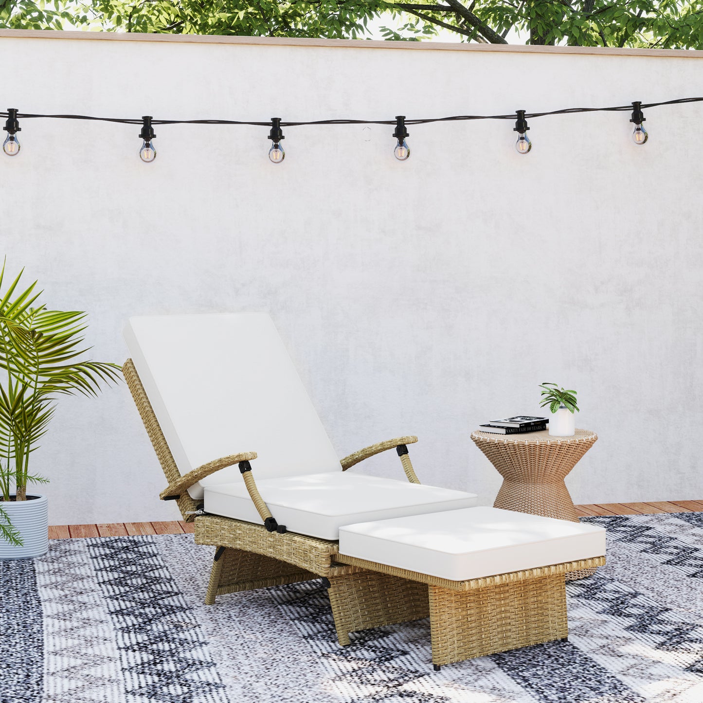 Outsunny 80 Degree Reclining Rattan Lounger With Footrest Ideal Outdoor Garden Chair White Beige