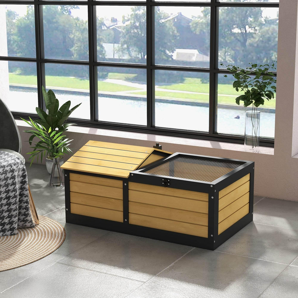 Yellow and black small reptile habitat with open ramp and wire basking top panel