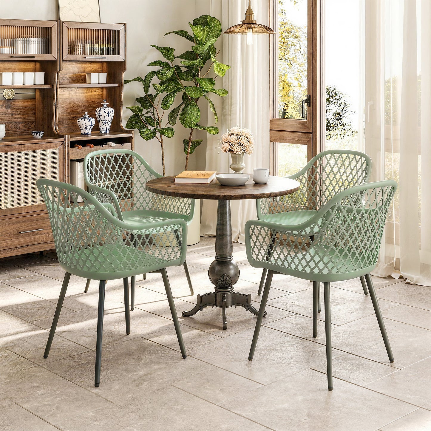 Outsunny Garden Chairs Set Of 4 With Cut Out Diamond Back And Armrests For Patio Balcony Terrace Green