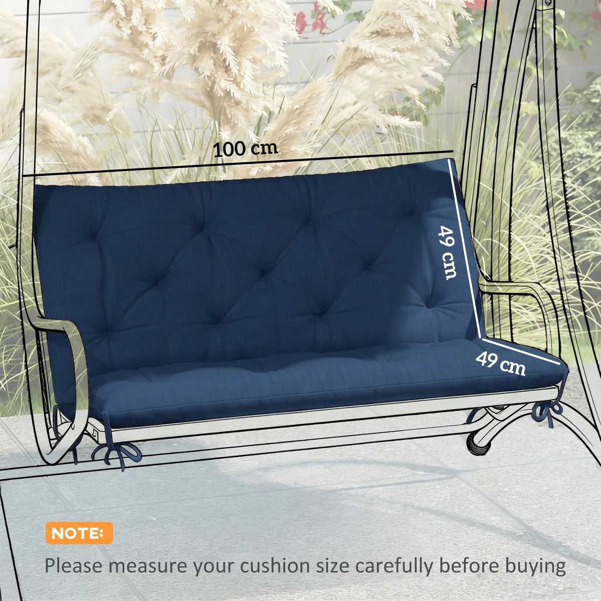 Dark blue bench cushion with backrest, 100 cm wide, 49 cm deep, 46 cm high