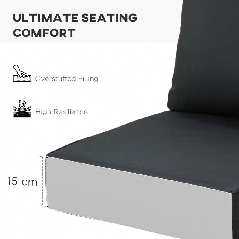Black thick seat cushion with tall backrest pad, smooth fabric and stitched edges