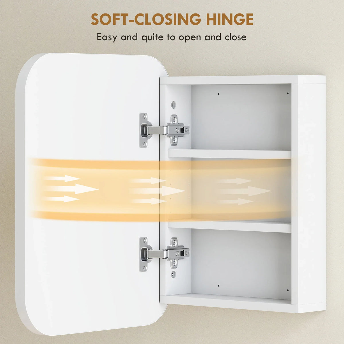 White medicine cabinet showing soft-close hinges and interior shelves