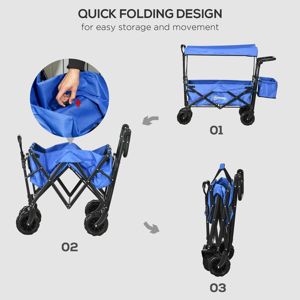 Blue collapsible beach wagon with canopy, shown in open and folded positions