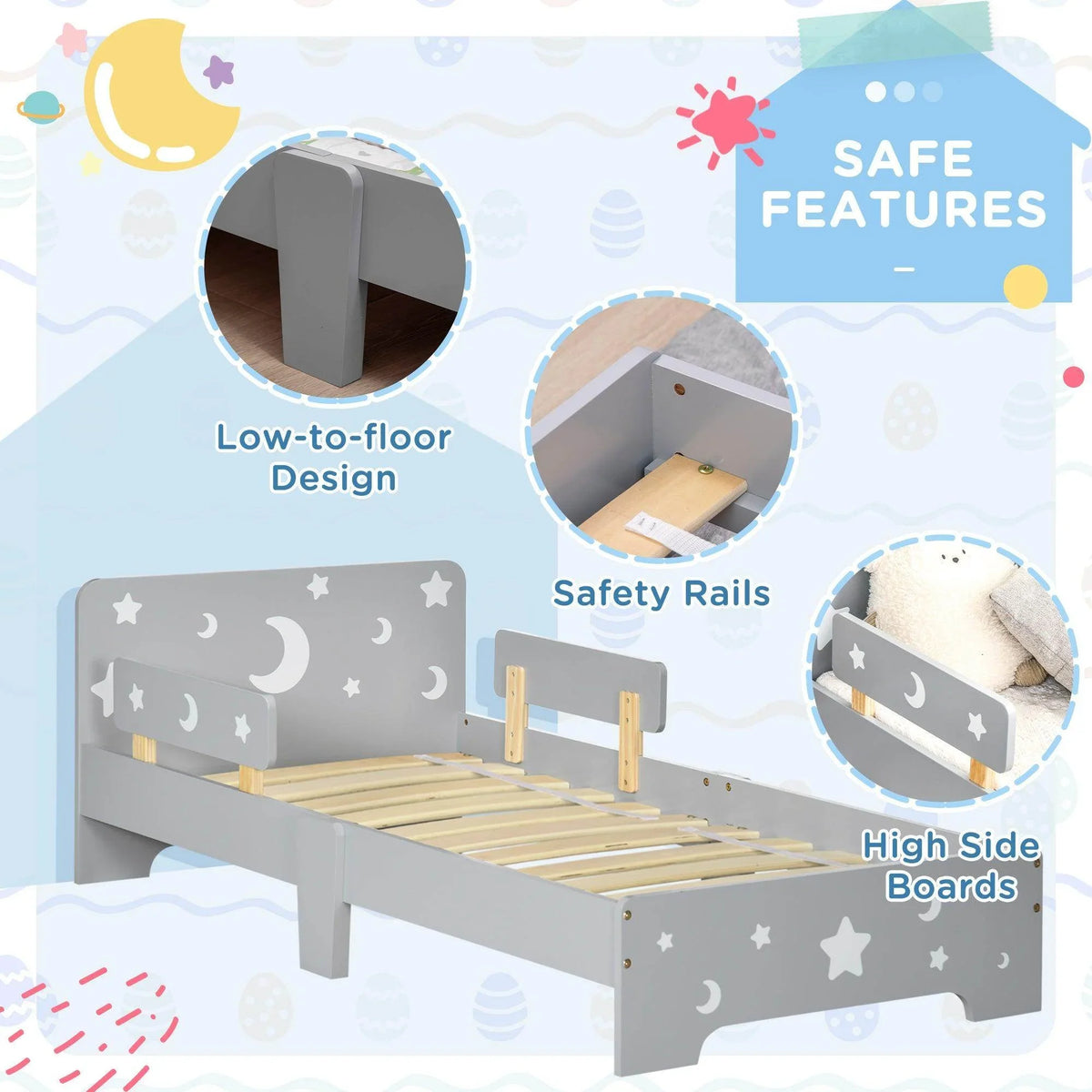 Grey toddler bed with star and moon panels, high side boards and safety rails