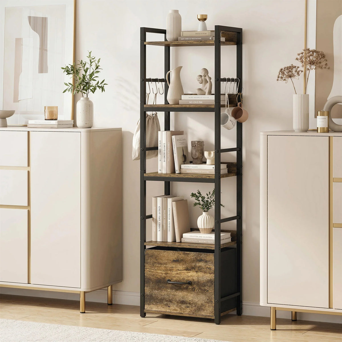 Tall narrow bookshelf with four open shelves, bottom drawer, and hanging hooks