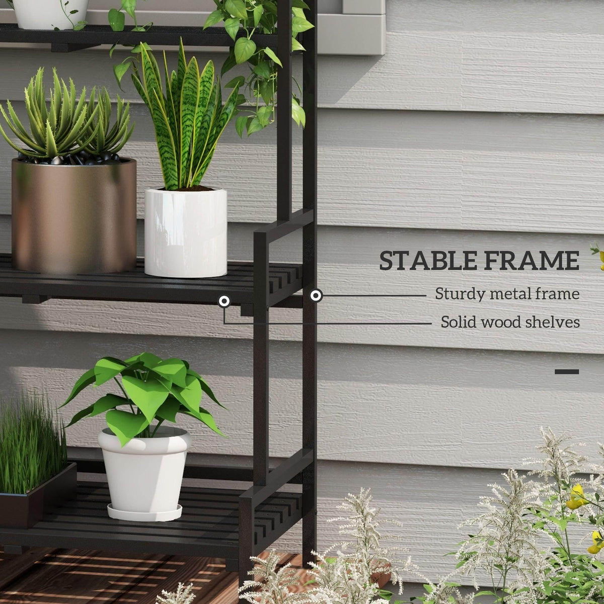 Black metal 3-tier plant rack with open shelves and pot-ready platform