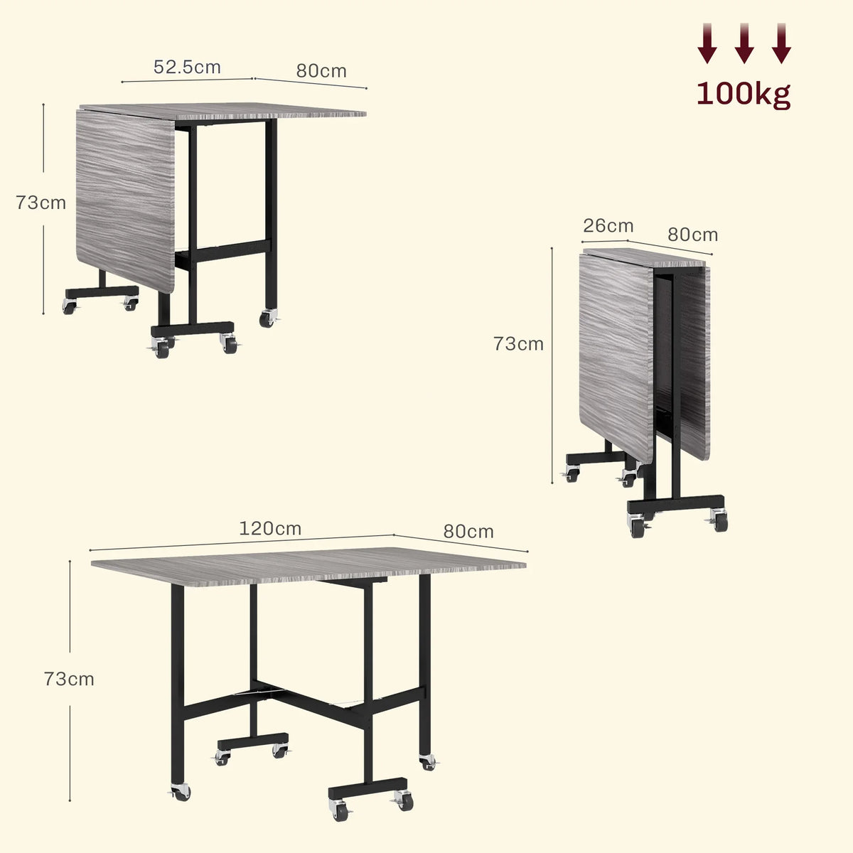 Grey drop-leaf dining table with folding panels and caster wheels, size diagrams