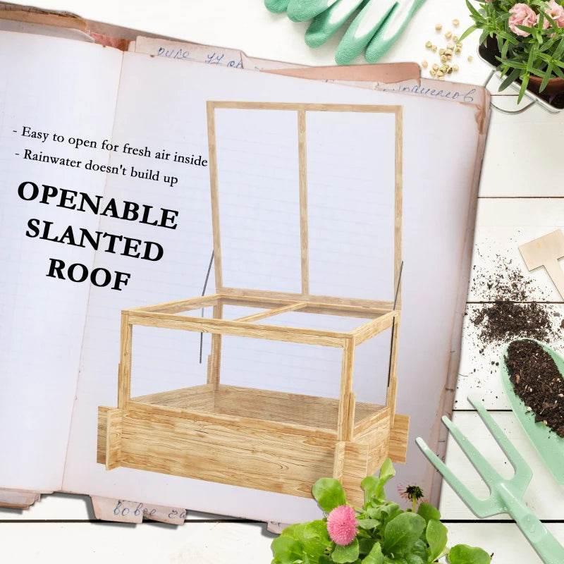 Natural wood greenhouse planter box with openable slanted roof and clear side panels