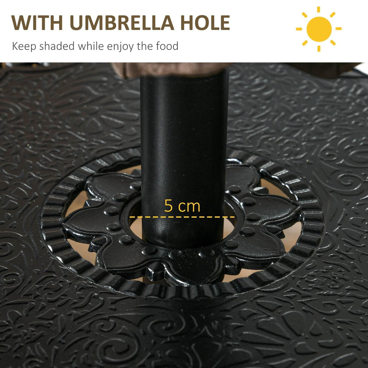 Black cast-aluminum table with central parasol (umbrella) hole