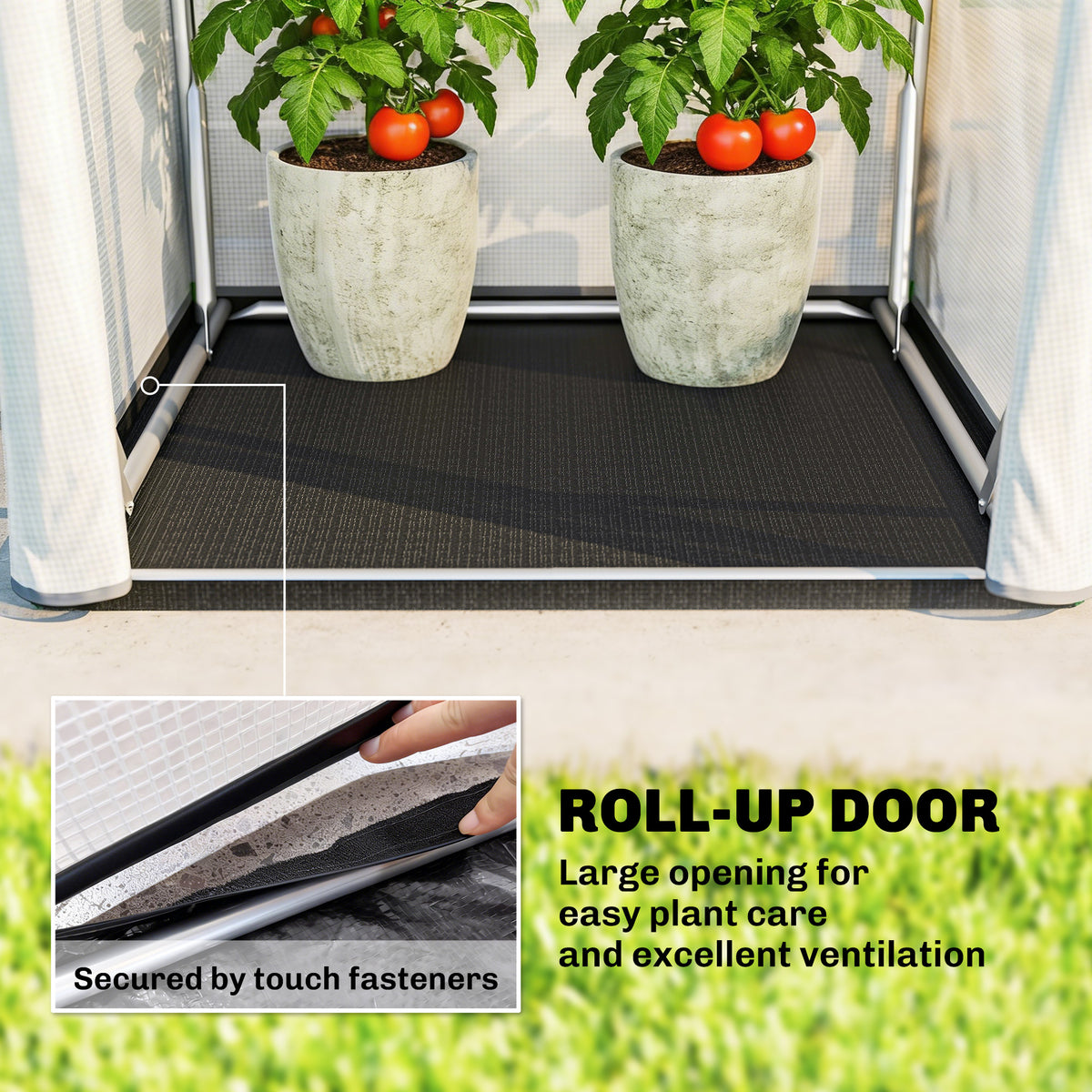 White mini greenhouse interior with two planters and dark floor tray; roll-up door opening
