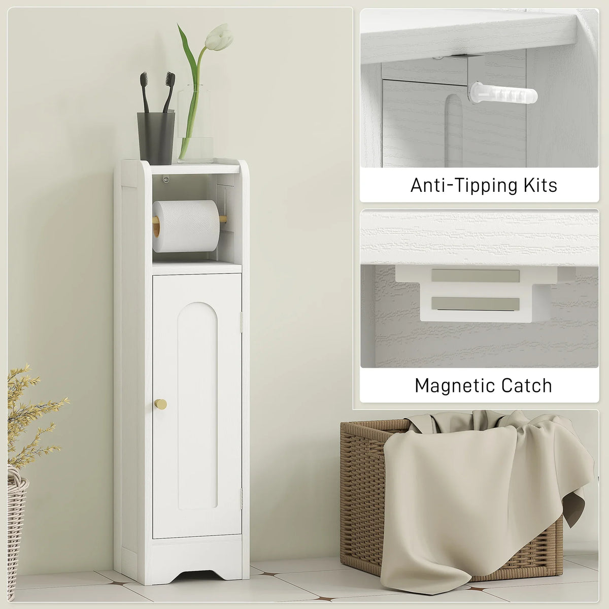 White toilet roll cabinet with anti-tipping kits and magnetic door catch