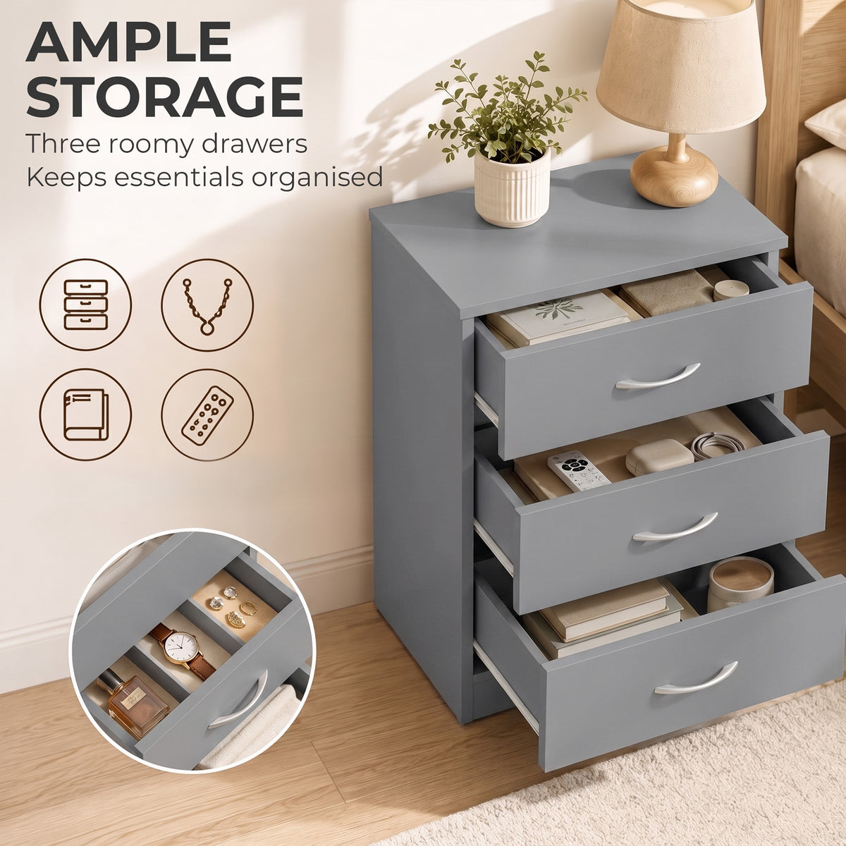 Grey nightstand with three roomy drawers, one drawer open for storage access.