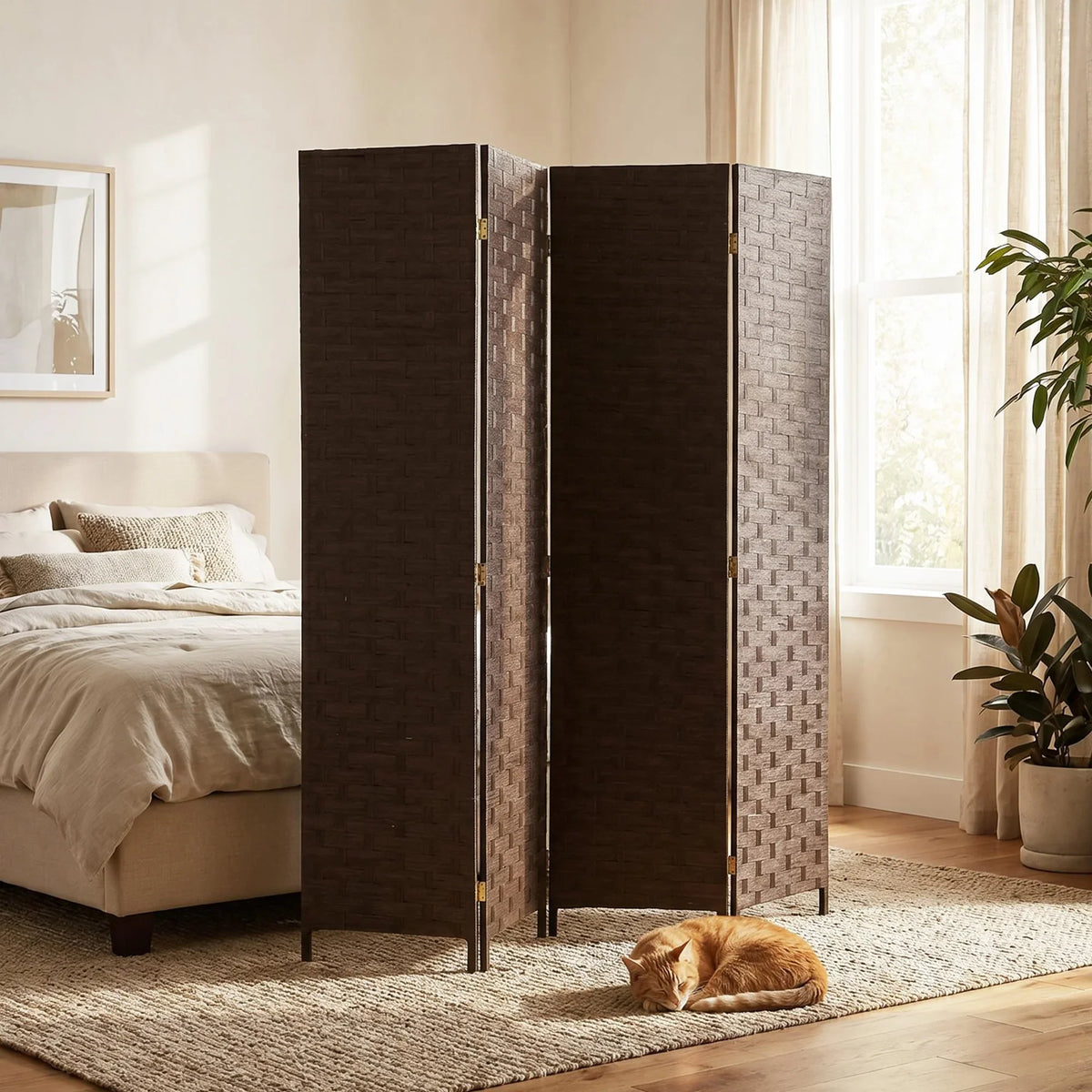 Four-panel room divider privacy screen with dark brown woven panels and brass hinges