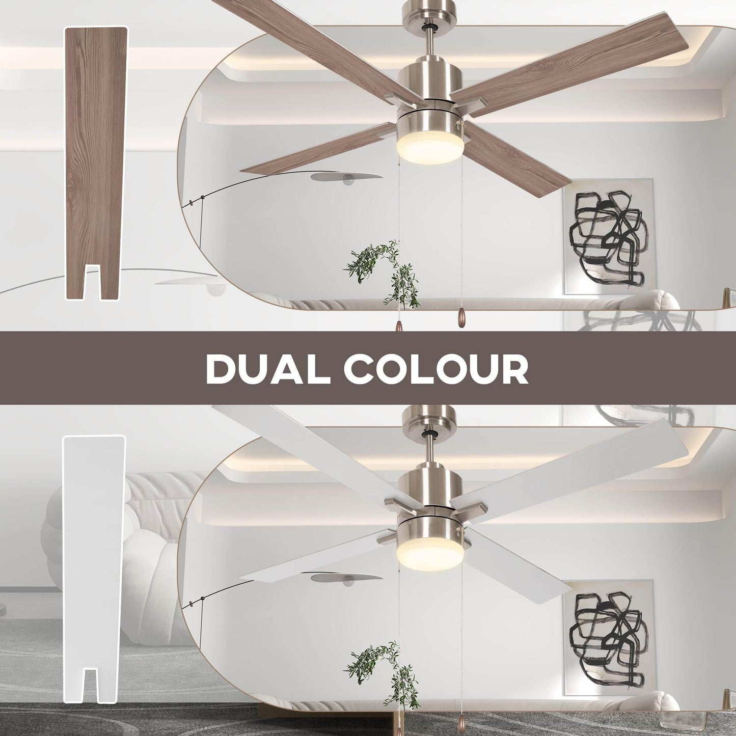 HOMCOM Silver & Natural Tone Ceiling Fan with LED Light and Reversible Blades, Pull-Chain Control - ALL4U RETAILER LTD