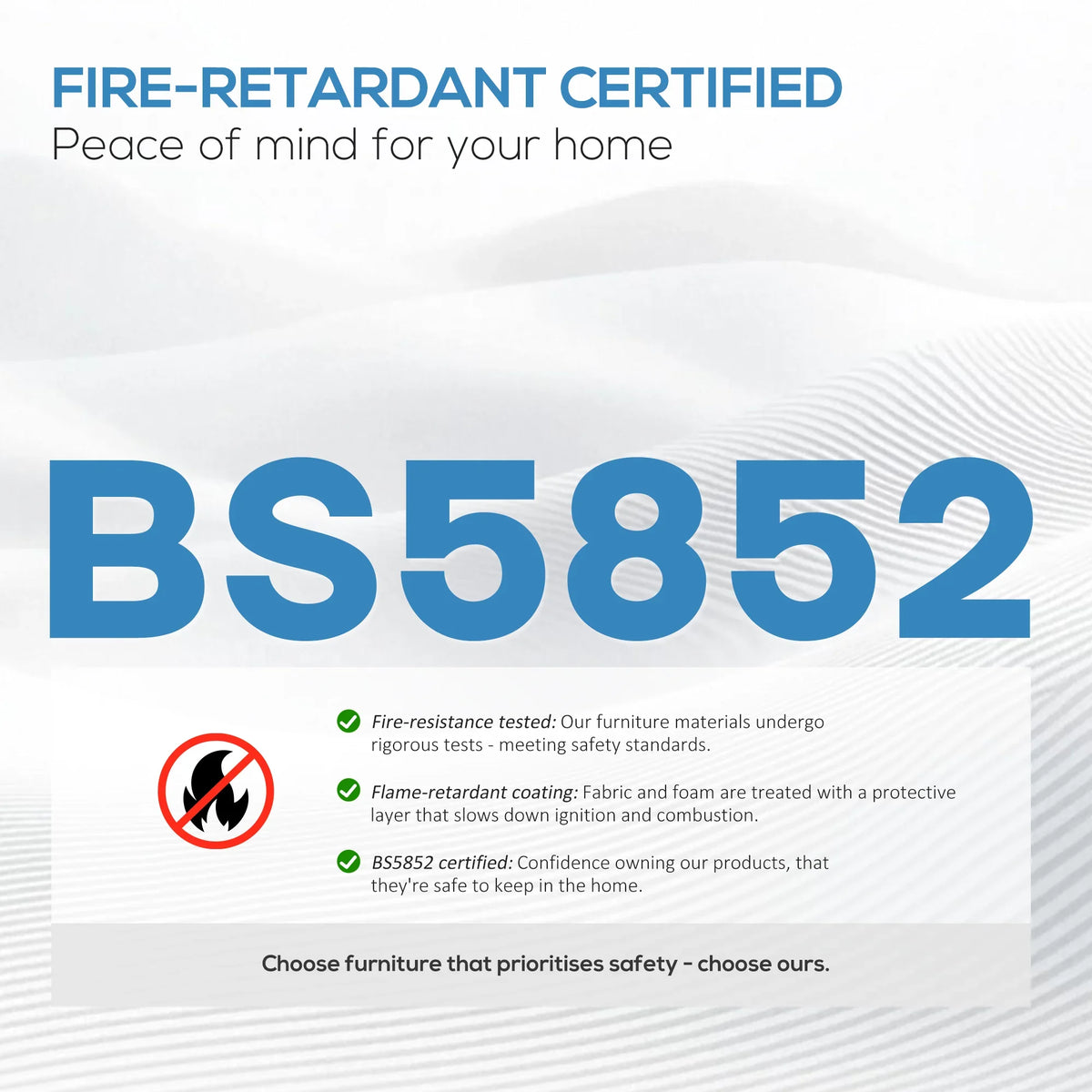 Fire-retardant certification graphic for recliner armchair safety and peace of mind.