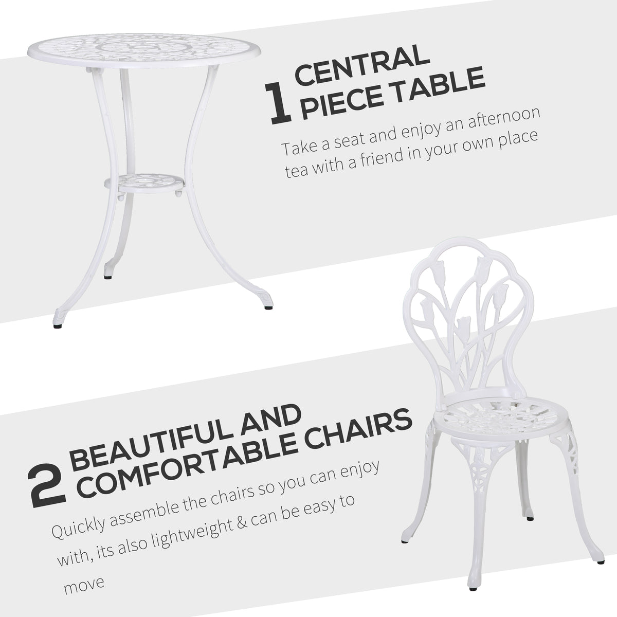 White patio bistro set: central round table with two decorative back chairs