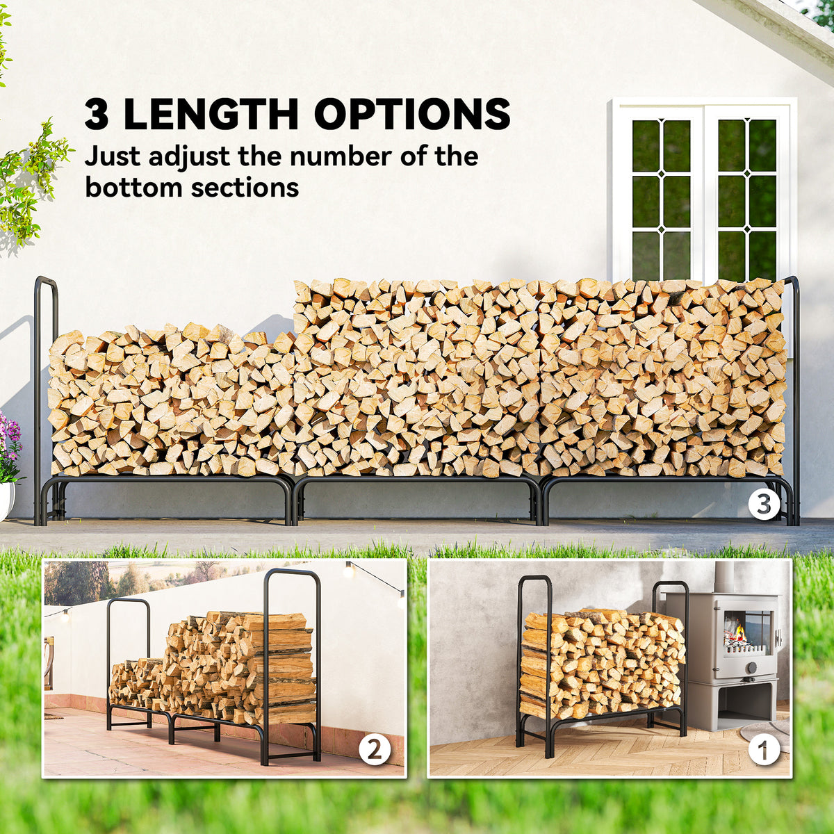 Green firewood log rack with adjustable bottom sections for three length options