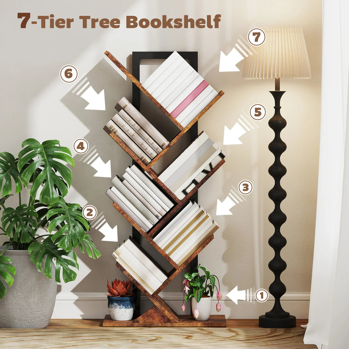 Tree book shelf with multiple angled tiers and dark wood-effect backing panels