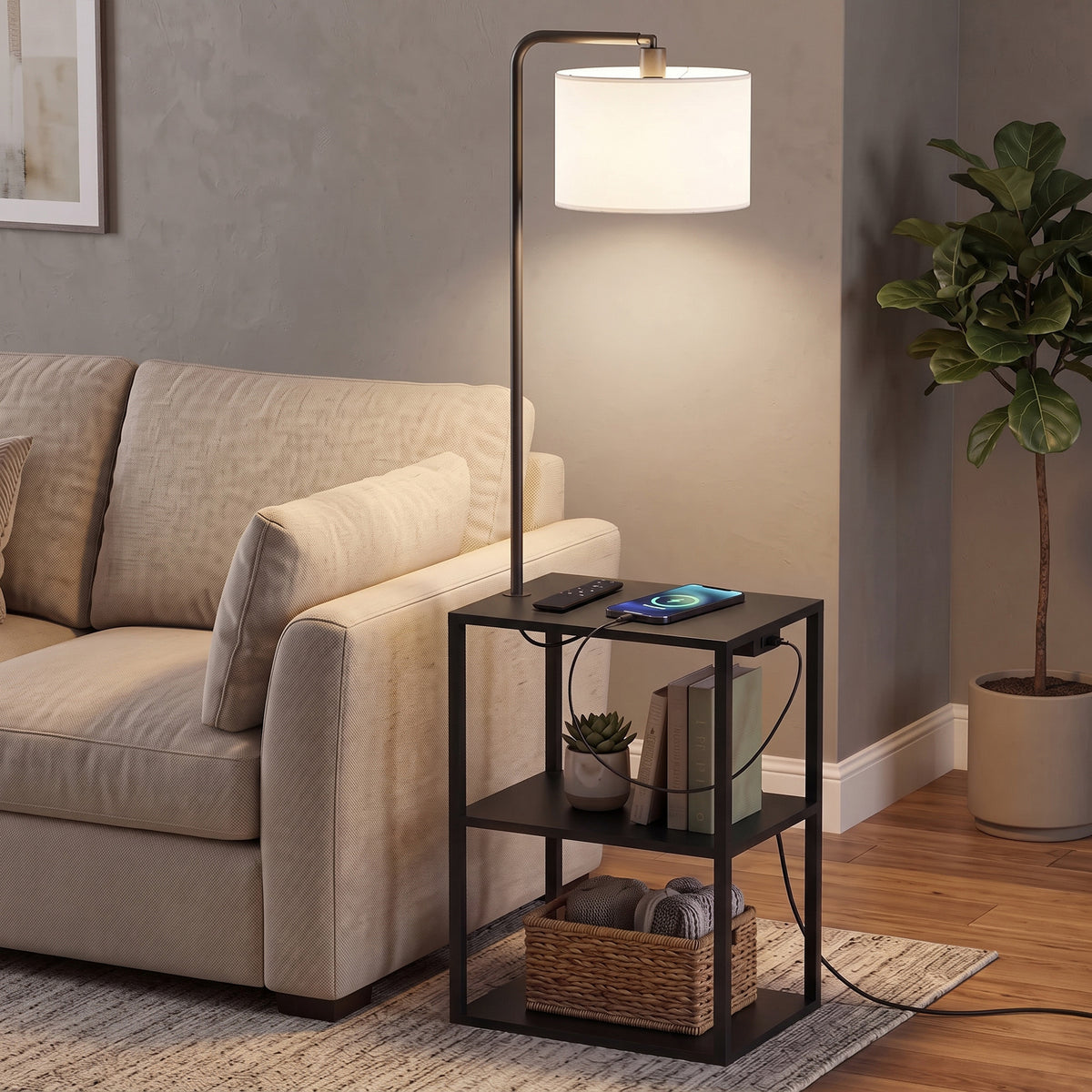Black floor lamp with off-white shade and 3-tier shelves with USB panel