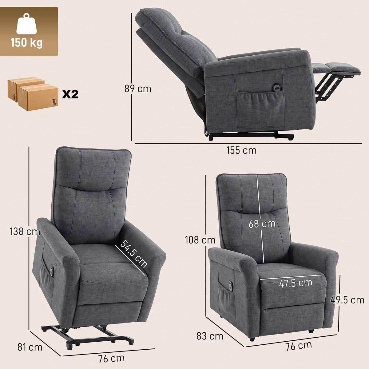 Dark grey recliner chair with dimensions diagram and remote-side control panel
