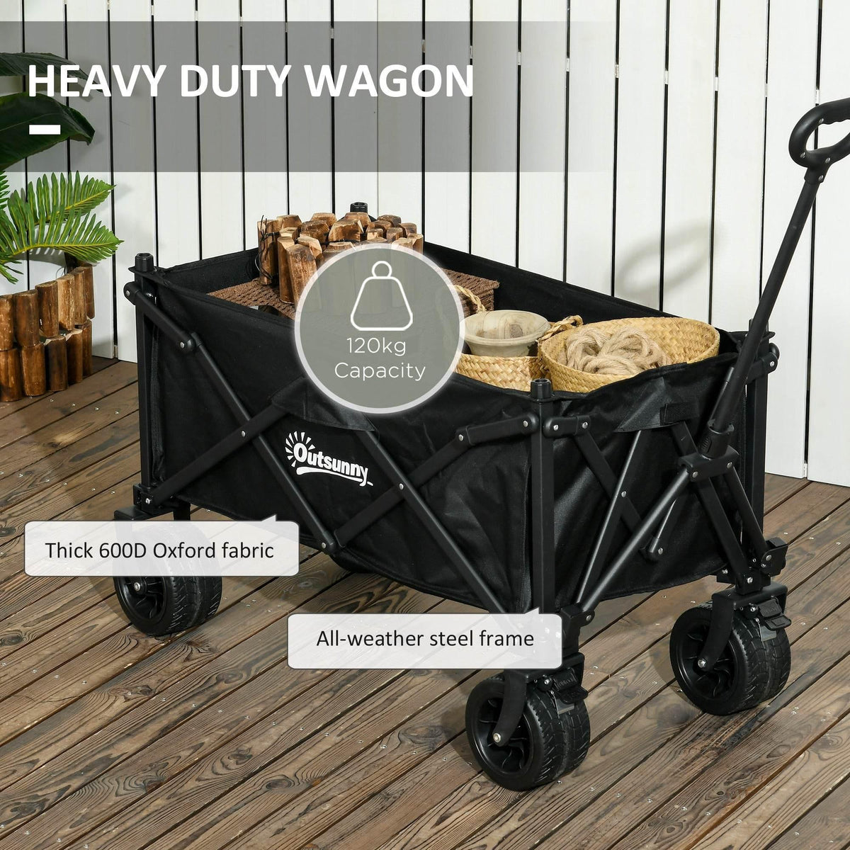 Black heavy-duty garden wagon cart with side fabric panels and four large wheels