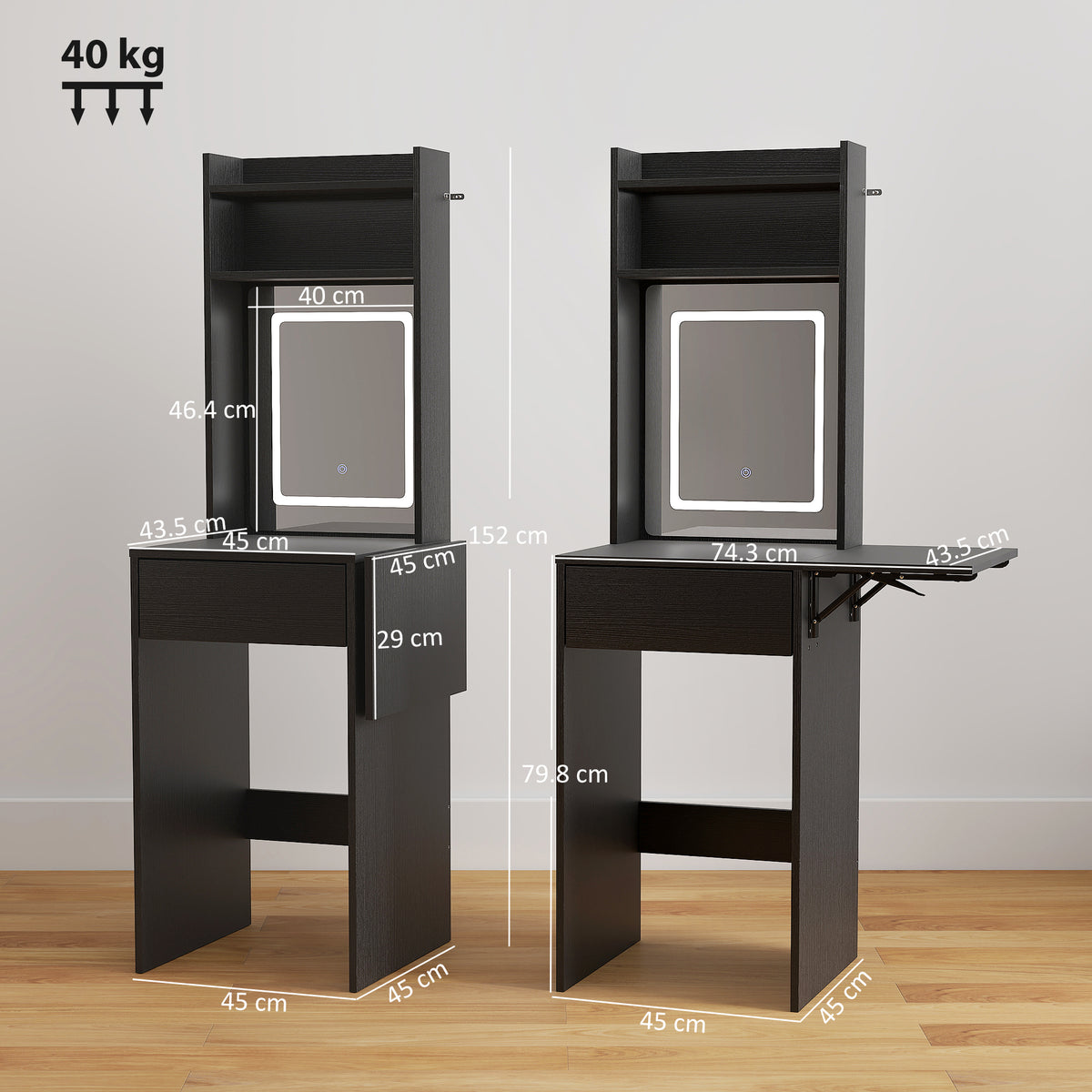 Black vanity desk with drop-leaf top, drawer, and mirror with LED frame