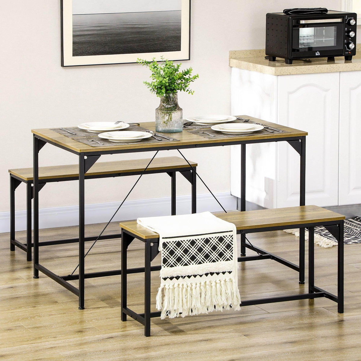 HOMCOM dining table set with benches, wood-look top and black metal frames