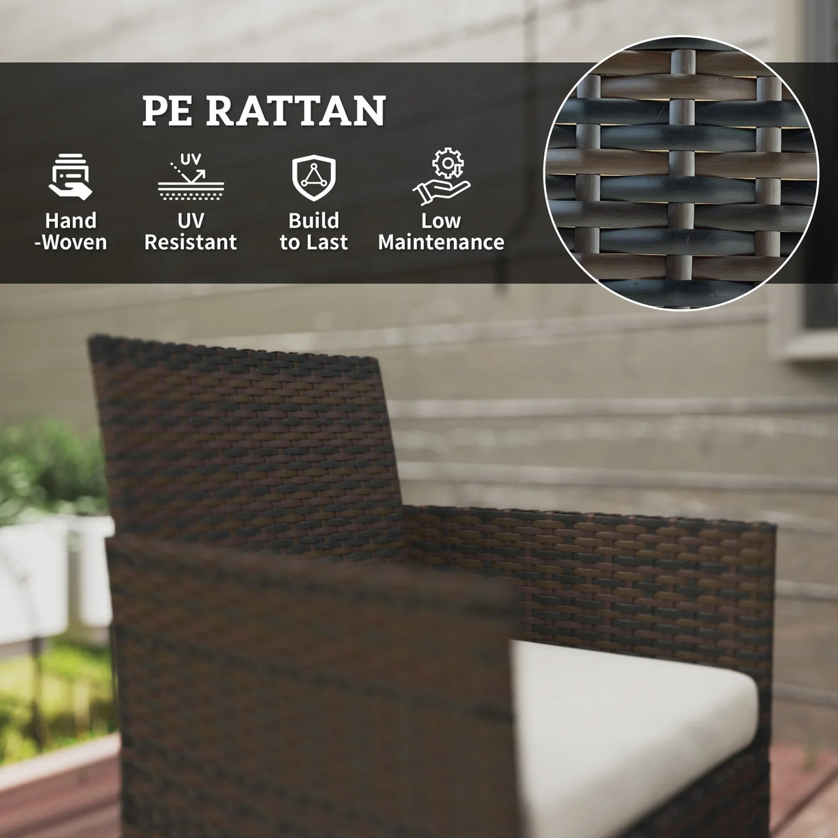 Brown woven rattan armchair with white seat cushion and curved armrest