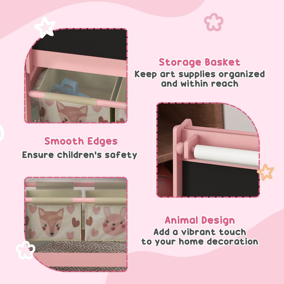 Pink storage baskets with smooth edges and animal-pattern compartments for art supplies
