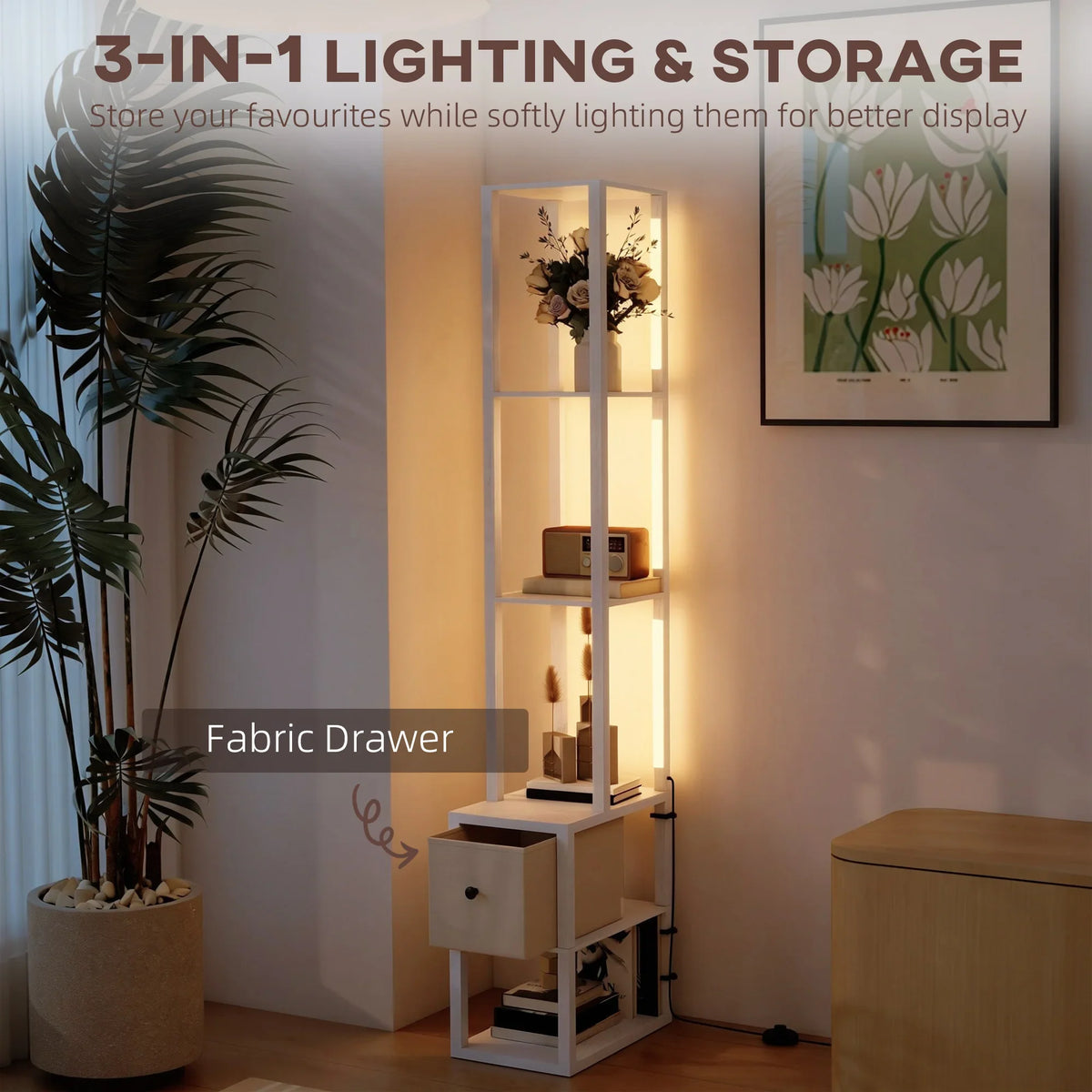White LED floor lamp with multi-level shelves and fabric drawer, standing in a room.
